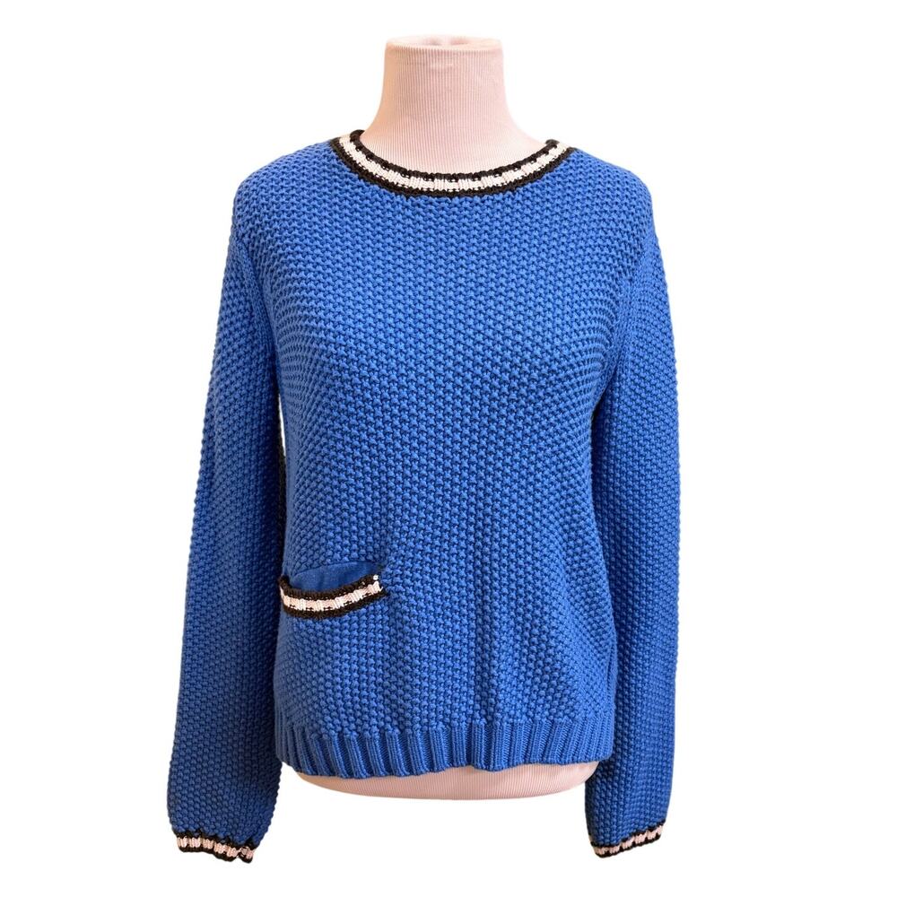 Margaret O'Leary Cobalt Blue Textured Knit Sweater Contrast Trim Pocket size M